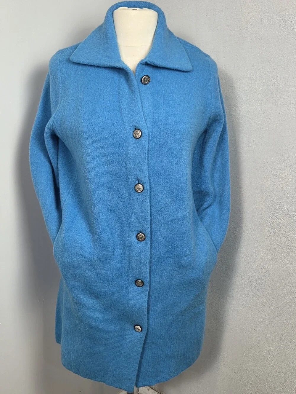 Talbots Coatigan Womens Petite Small Blue Cardigan Long Knit Button Stand Collar